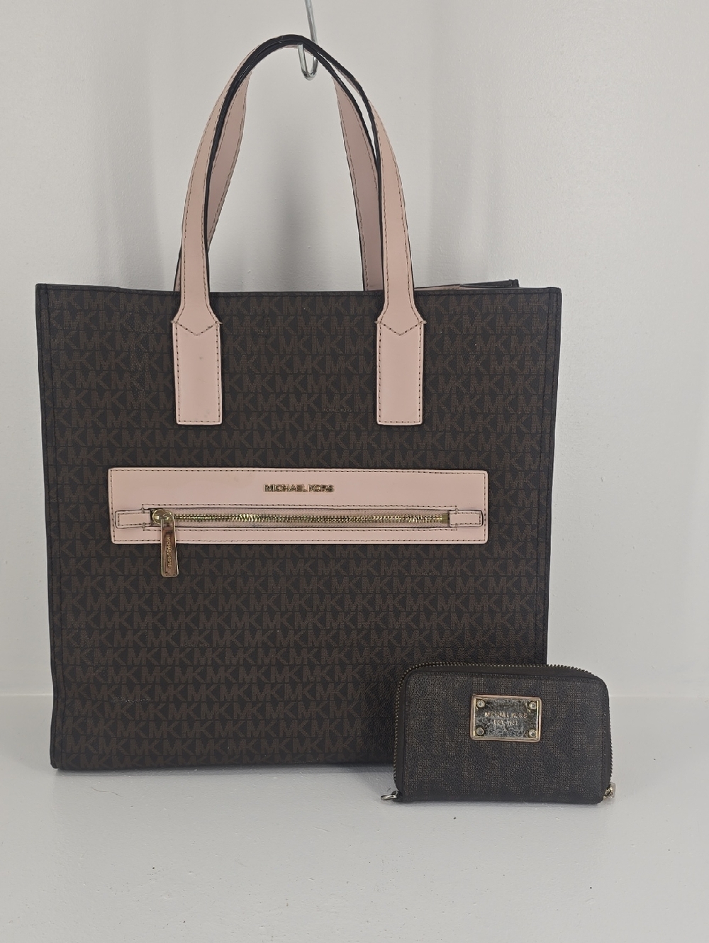 Michael Kors Brown Signature Tote with Pink Trim and Gold Hardware